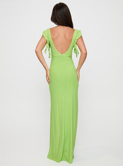 back view of model wearing Princess Polly Soleila Maxi Dress Green Tonal Plunger 
