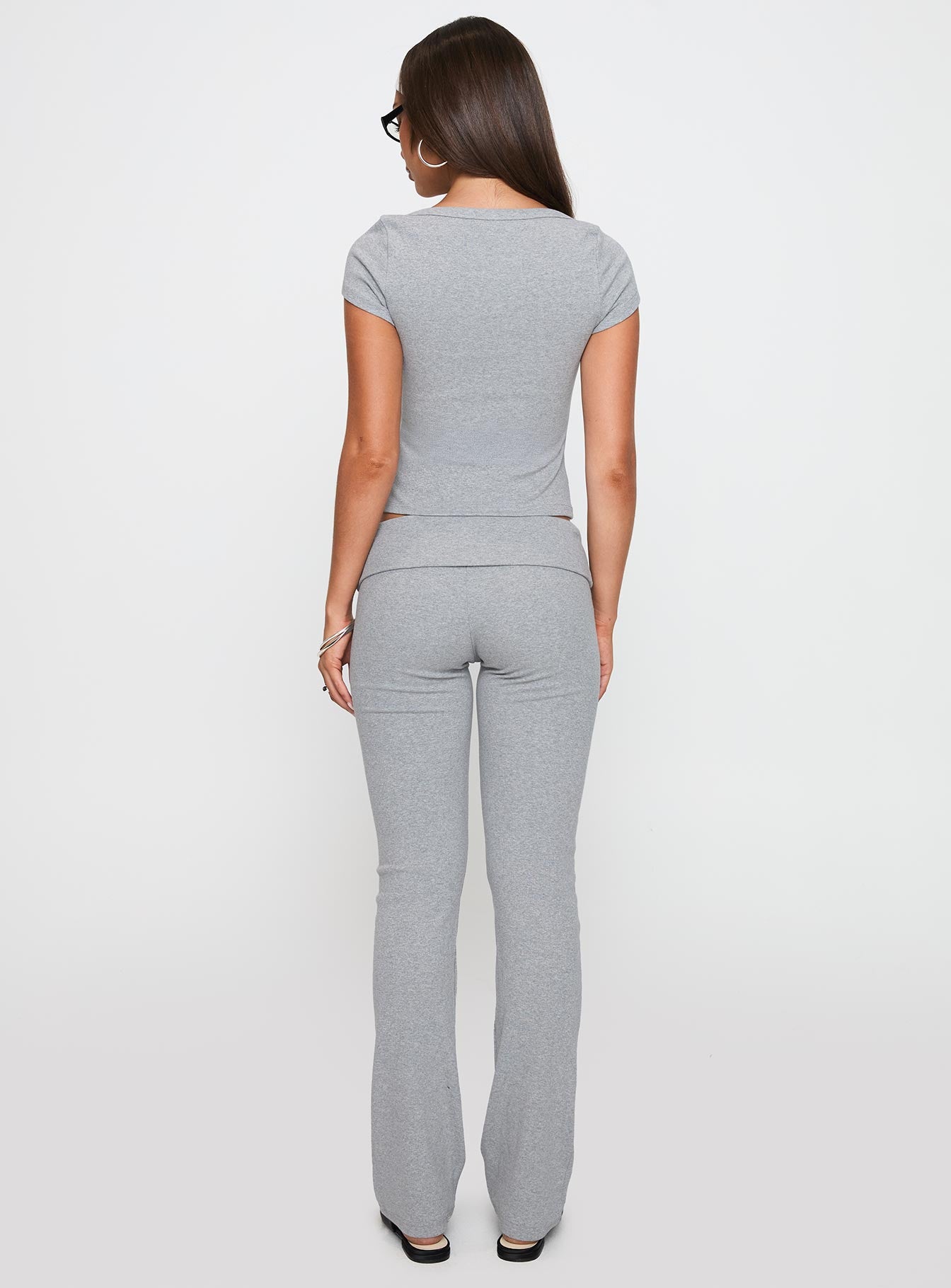 back view of model wearing Princess Polly Truth Be Told Straight Leg Pant Grey Marle Low Rise Pants 