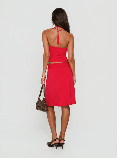 Zenaide Lace Detail Midi Skirt Red
