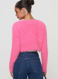 back view of model wearing Princess Polly Just A Girl Cardigan Pink cropped Jumpers 