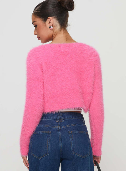 back view of model wearing Princess Polly Just A Girl Cardigan Pink cropped Jumpers 