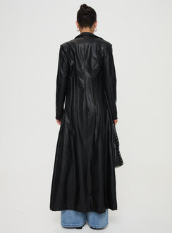 <ul> <li>Faux leather coat</li> <li>Lapel collar, button fastening down front, shoulder pads</li> </ul>