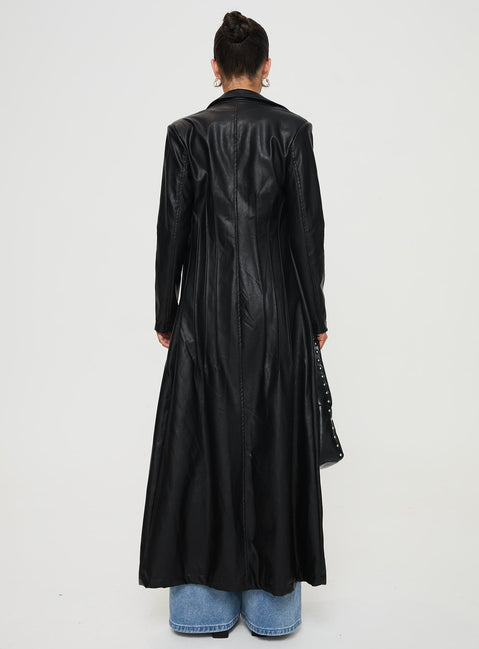 <ul> <li>Faux leather coat</li> <li>Lapel collar, button fastening down front, shoulder pads</li> </ul>