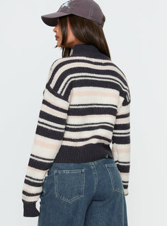 back view of model wearing Princess Polly Tetra Zip Through Knit Sweater Pink Stripe 
