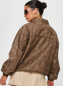 Bomber jacket  Faux leather material, oversized fit, classic collar, ribbed waistband and cuffs  Zip front fastening, twin hip pockets 