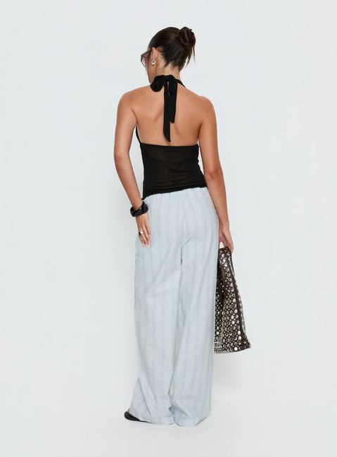 back view of model wearing Princess Polly Parklea Pants Blue / White Stripe High Rise Pants 
