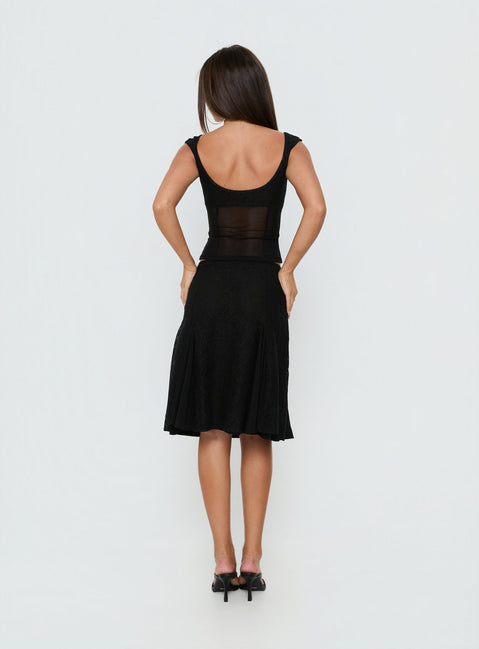 Presenting the Quani Lace Midi Skirt Black womens-skirts with fitted aline silhouette and midi length back view of model wearing Princess Polly