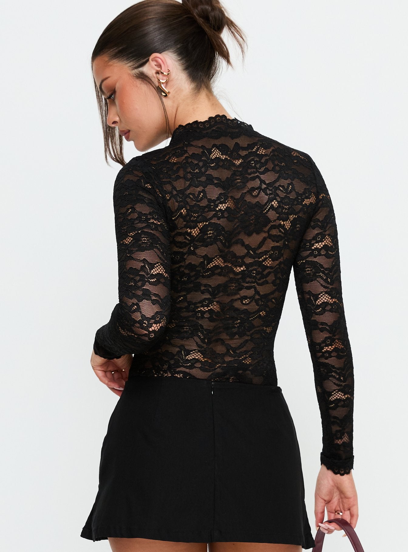 back view of model wearing Princess Polly Kamara Long Sleeve Lace Bodysuit Black Long Sleeve Tops 