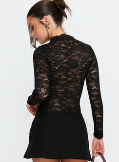 back view of model wearing Princess Polly Kamara Long Sleeve Lace Bodysuit Black Long Sleeve Tops 