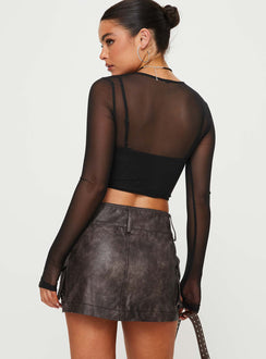 back view of model wearing Princess Polly Domenic Faux Leather Mini Skirt Washed Black Tall Mini Skirts 