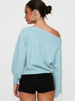 Introducing the Noble Off The Shoulder Jumper Blue womens-jumpers with short length back view of model wearing Princess Polly