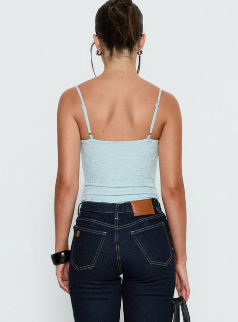 back view of model wearing Princess Polly Alorah Textured Bodysuit Blue Sleeveless 
