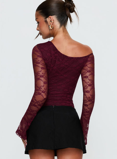 back view of model wearing Princess Polly Macaria Long Sleeve Lace Bodysuit Red Long Sleeve Tops 
