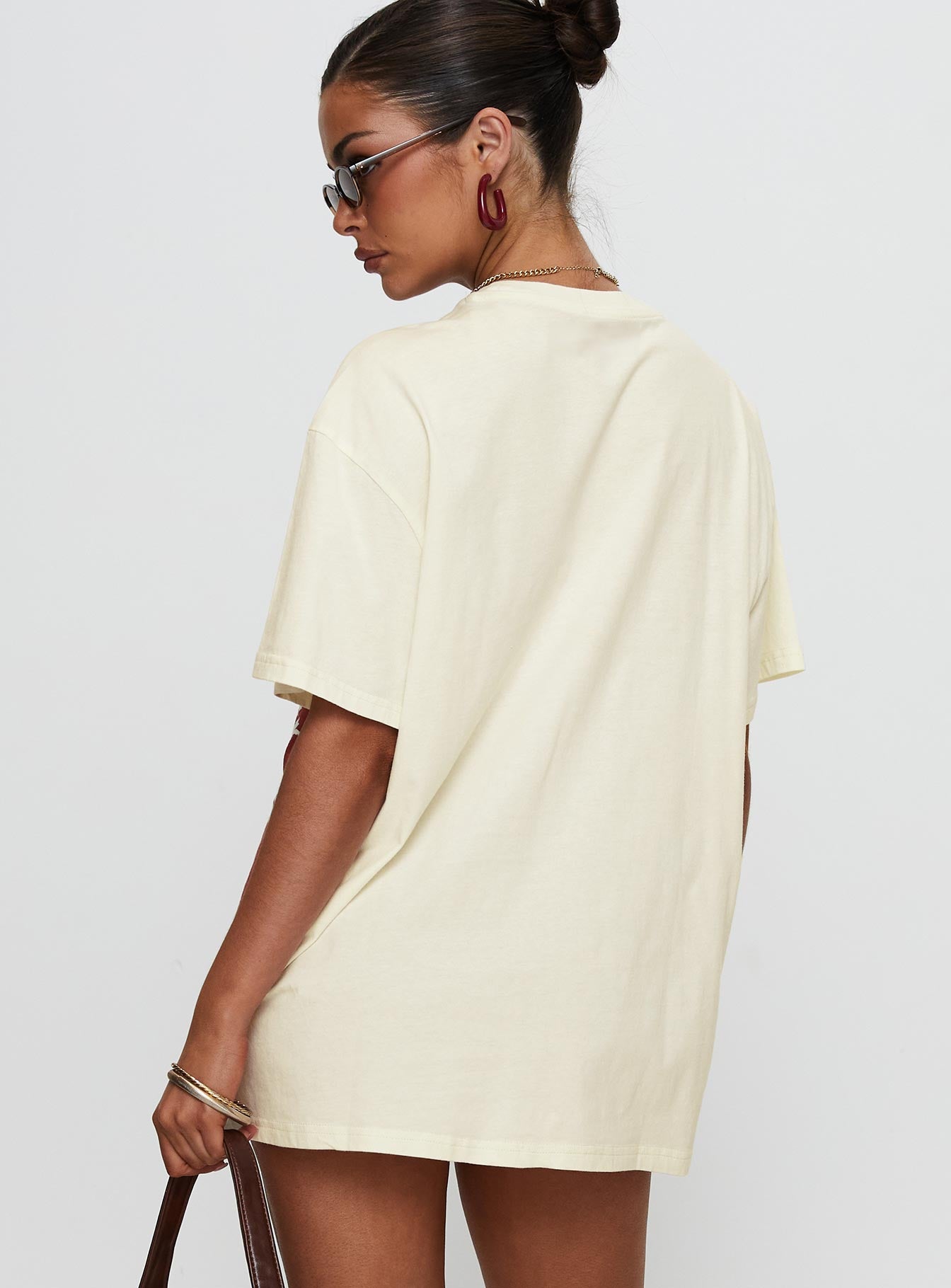 back view of model wearing Princess Polly Cherrie Amore Oversized Tee White Half Sleeves Crew Neck 