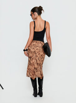 back view of model wearing Princess Polly Sydni Midi Bias Cut Skirt Leopard Midi Skirts Skirts 