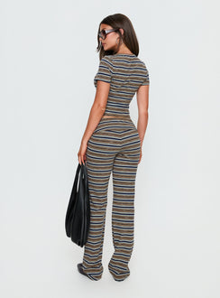 back view of model wearing Princess Polly Manolo Foldover Pants Brown / Grey Stripe Mid Rise Pants 