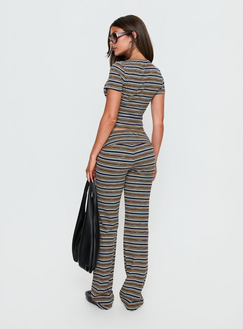 back view of model wearing Princess Polly Manolo Foldover Pants Brown / Grey Stripe Mid Rise Pants 