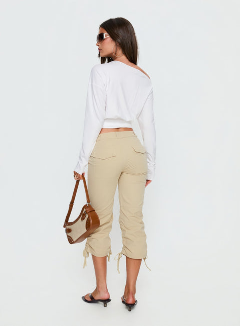 back view of model wearing Princess Polly Hot Rod Capri Pant Beige Mid Rise Pants 