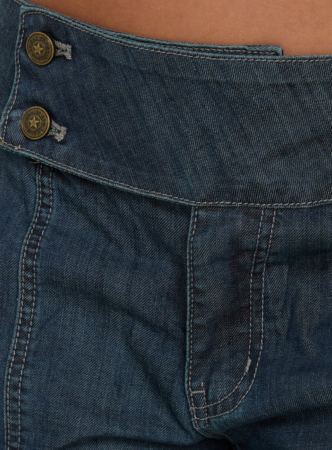 Highlighting the Nikoletta Mid Rise Wide Leg Cargo Jeans Dark Blue Wash in womens-jeans with mid-rise waistband detail
