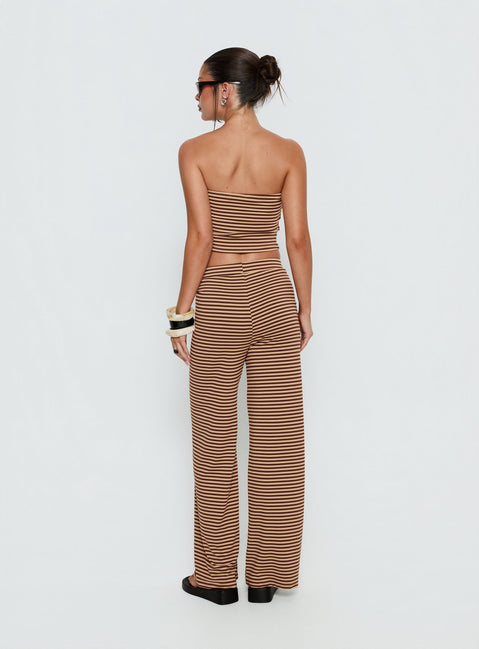 back view of model wearing Princess Polly Timora Pants Brown Stripe Mid Rise Pants 
