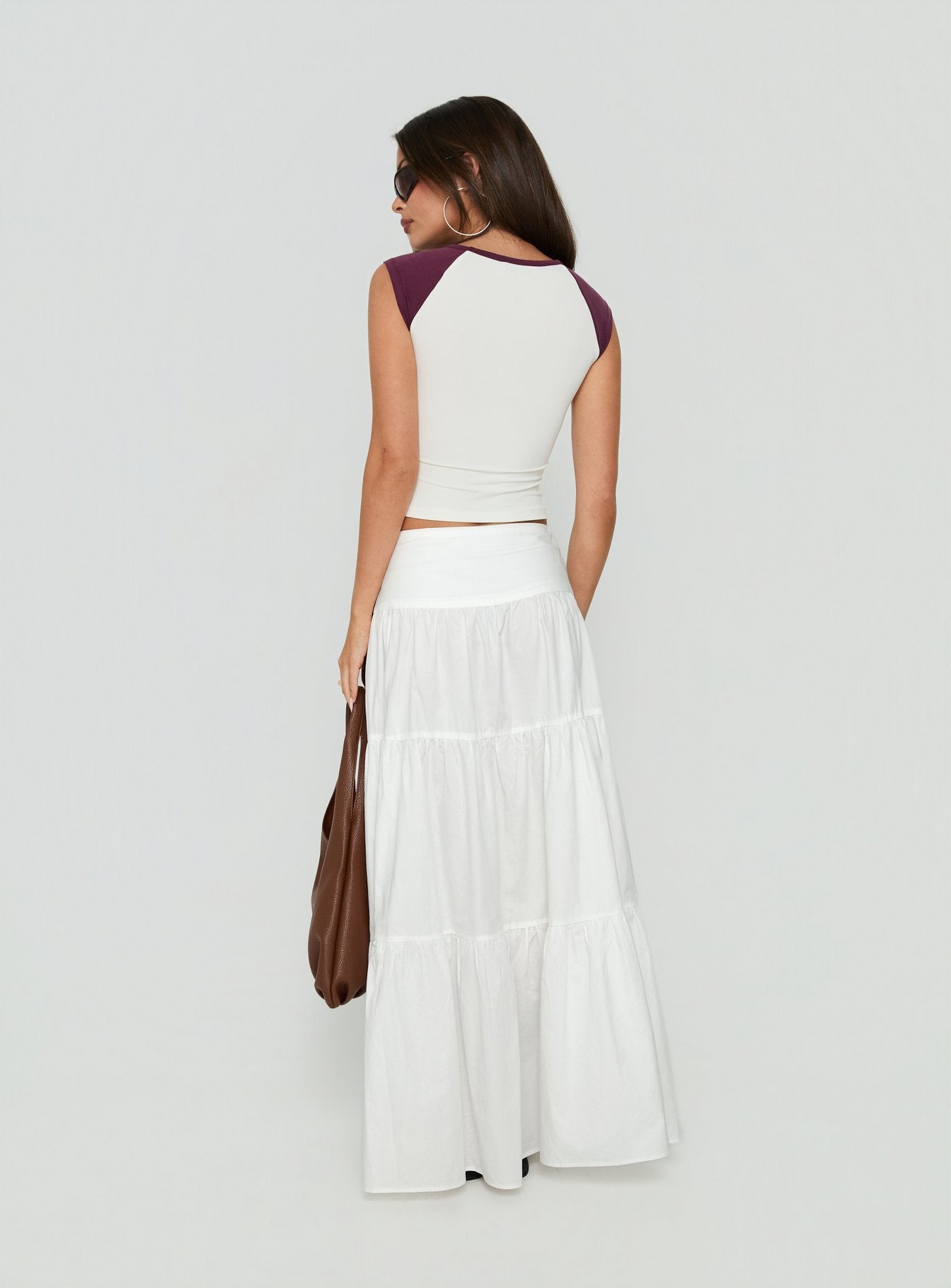 Explore the Silver Soul Maxi Skirt White in womens-skirts with maxi length back view of model wearing Princess Polly