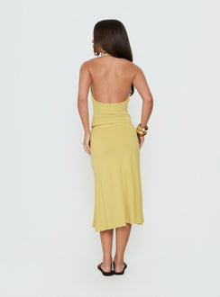 Presenting the Esperia Button Midi Skirt Green in fitted aline womens-skirts back view of model wearing Princess Polly