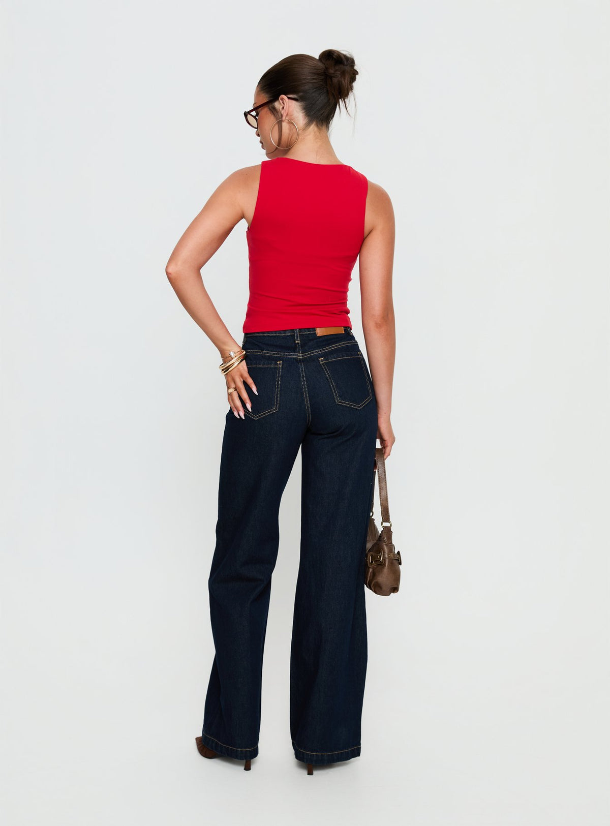 back view of model wearing Princess Polly Cadance High Rise Straight Leg Jeans Indigo High Rise Jeans 