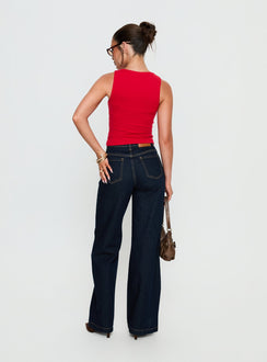 back view of model wearing Princess Polly Cadance High Rise Straight Leg Jeans Indigo High Rise Jeans 