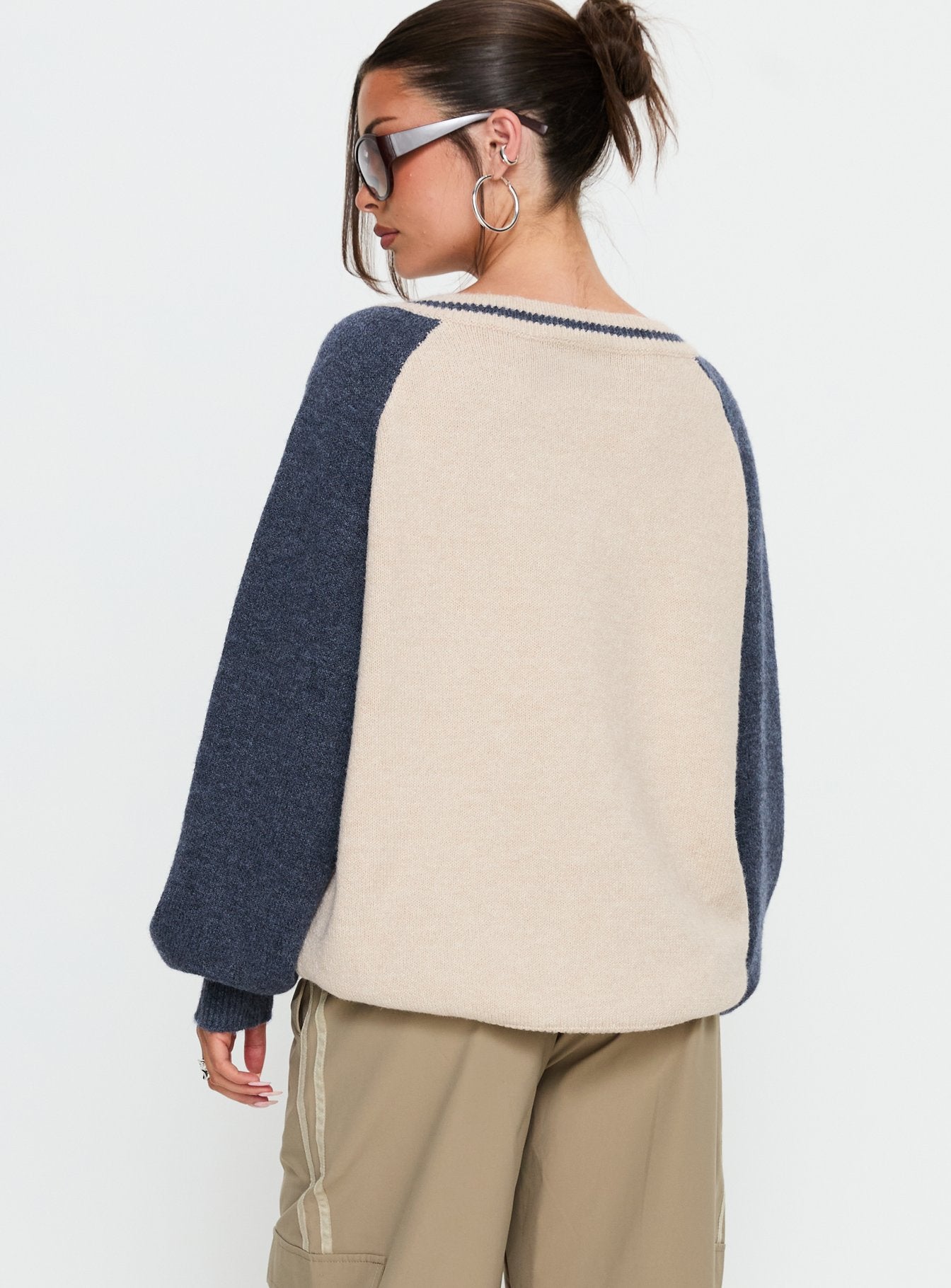 back view of model wearing Princess Polly Adana V Neck Graphic Knit Sweater Multi Longline Jumpers 