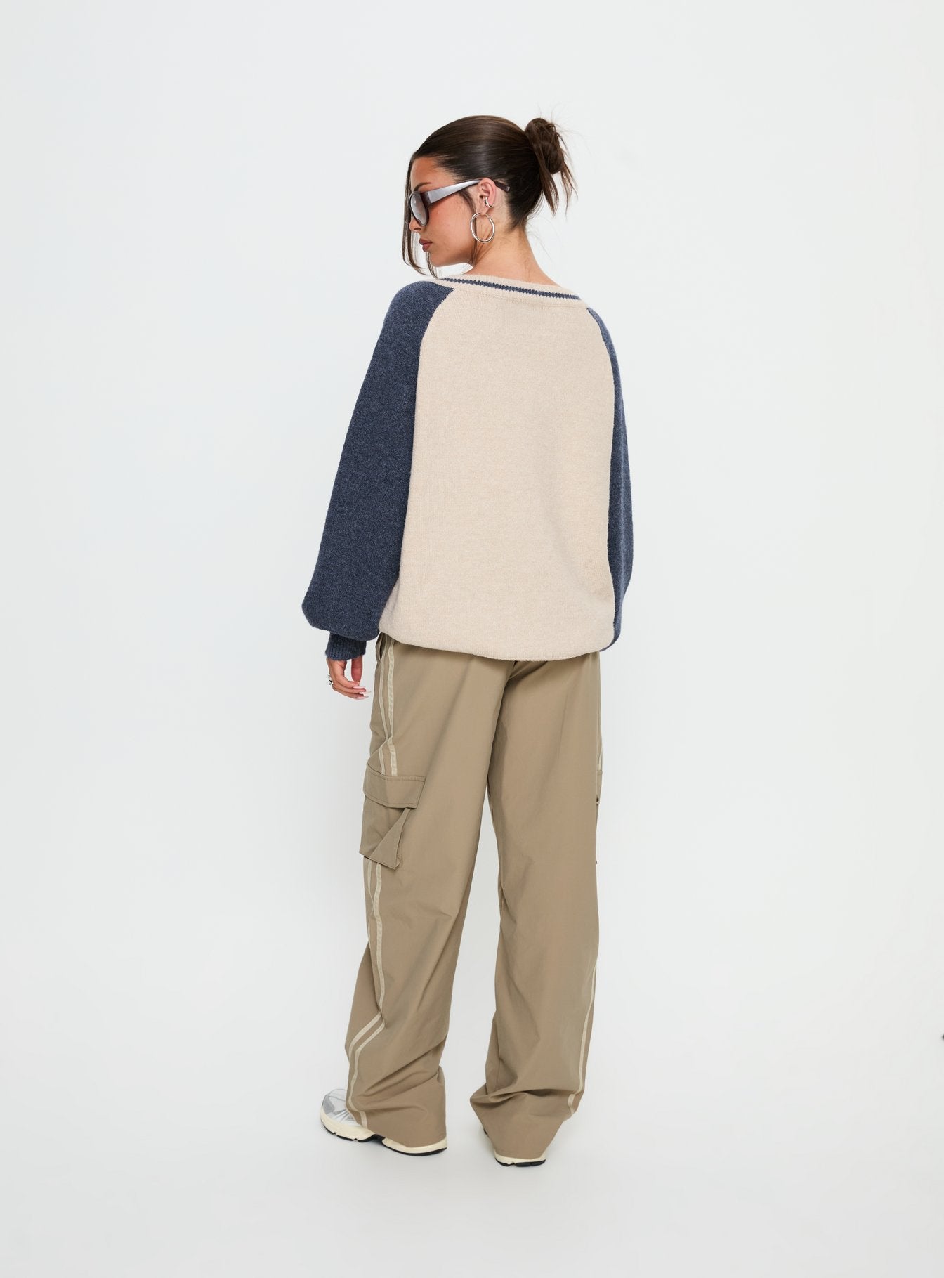 back view of model wearing Princess Polly Ellyn Baggy Cargo Pants Khaki Mid Rise Pants 