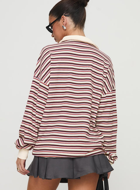 back view of model wearing Princess Polly Rierie Rugby Jersey Porcelain Multi Longline Jumpers 