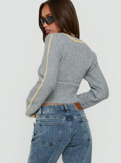 Kaylea Cinched Waist V Neck Knit Sweater Grey / Yellow