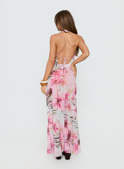 back view of model wearing Princess Polly Karzi Chiffon Maxi Skirt Pink Floral Maxi Skirts 