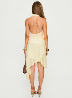 back view of model wearing Princess Polly Evaleine Asymmetrical Chiffon Midi Skirt Baby Yellow 