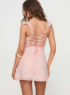 back view of model wearing Princess Polly Landon Mini Dress Pink Sweetheart Neckline 