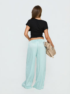 back view of model wearing Princess Polly Salona Satin Straight Leg Pants Jelly Mint Mid Rise Pants 