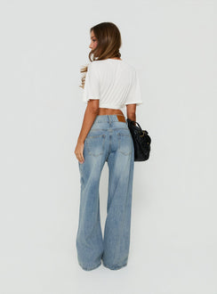 Presenting Ramos Low Rise Double Button Wide Leg Jeans Light Vintage Blue womens-jeans with low-rise back view of model wearing