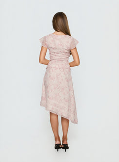 back view of model wearing Princess Polly Avaline Asymmetrical Midi Skirt Pink 