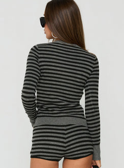 Highlighting the Lauraine Cardigan Grey / Black Stripe womens-jumpers with short length back view of model wearing