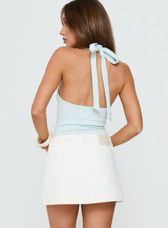 back view of model wearing Princess Polly Talie Button Detail Halter Bodysuit Blue Sleeveless 