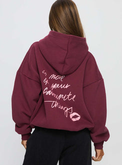 back view of model wearing Princess Polly Kisses Graphic Hoodie Wine Longline Jumpers Jumpers 