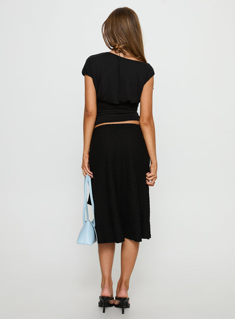 back view of model wearing Princess Polly Esmeray Midi Knit Skirt Sheer Black Skirts 