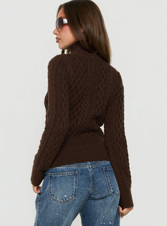 Arletta Cable Knit Zip Through Sweater Brown