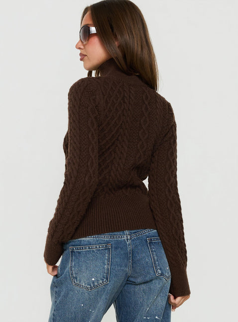 Arletta Cable Knit Zip Through Sweater Brown