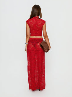 back view of model wearing Princess Polly Vionna Lace Maxi Skirt Red Maxi Skirts 