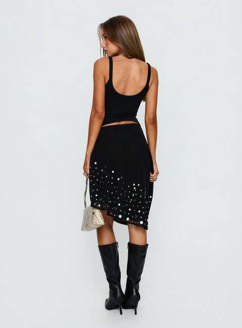 back view of model wearing Princess Polly Jezabela Asymmetrical Stud Midi Skirt Black 
