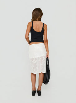Presenting the Heart Stealer Sheer Sequin Midi Skirt in White with fitted a-line shape and frayed hem back view of model wearing Princess Polly