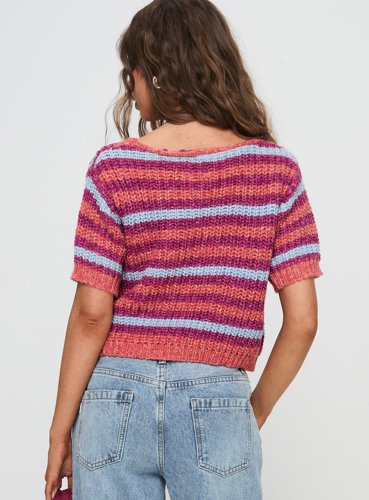 back view of model wearing Princess Polly Compassion Knit Cardigan Multi Cropped Jumpers 