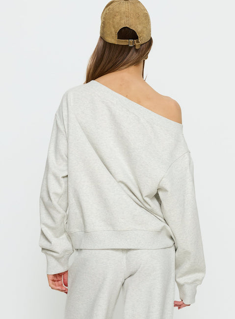 back view of model wearing Princess Polly Wellness Off the Shoulder Jumper Grey Marle 