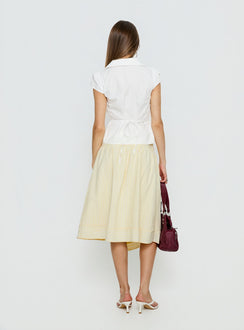 back view of model wearing Princess Polly Sunney Wrap Midi Skirt Yellow Midi Skirts 
